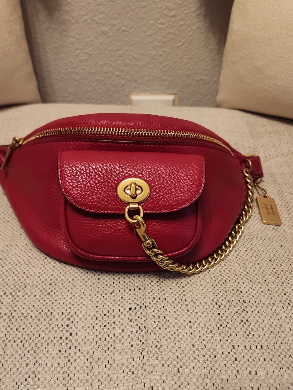 Coach Red Pebbled Leather Crossbody Belt Bag with Gold Hardware